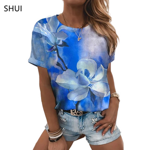 Women Short-Sleeved T-Shirt Flower 3D Printing Round Neck