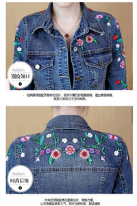 Plus Size Floral Women Denim  Embroidery Jacket Slim