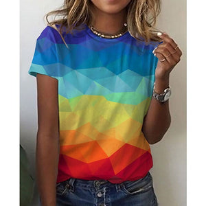 Spring -Summer Rainbow color Tops 3D Printing Gradient Round Neck Short-Sleeved T-Shirt