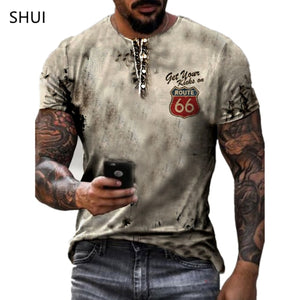 New Men's T Shirts Oversized Loose Short Sleeve Fashion Route 66 Letters Printed O Collared