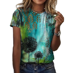 Women Floral Theme Painting T-Shirt Text Dandelion Print Round Neck Basic Vintage Tops