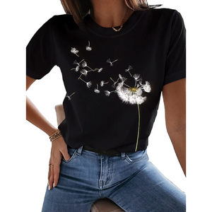 Women Floral Theme Painting T-Shirt Text Dandelion Print Round Neck Basic Vintage Tops