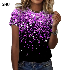Women SPRING-SUMMER Fashion Round Loose Party T-shirt  Polka Dot Star Decoration